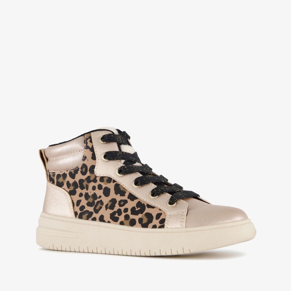 Blue Box hoge meisjes sneakers met panterprint beige parelmoer