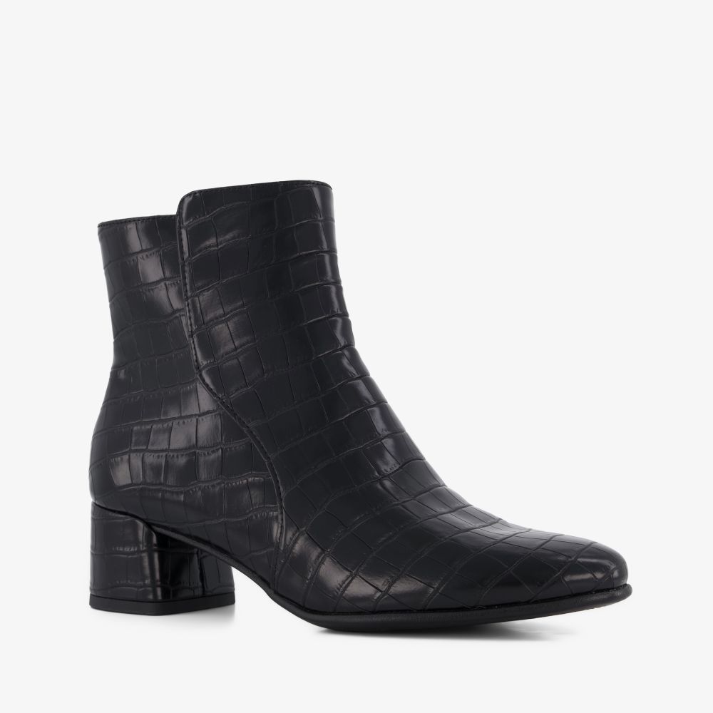 Marco Tozzi dames enkellaarsjes met crocoprint zwart