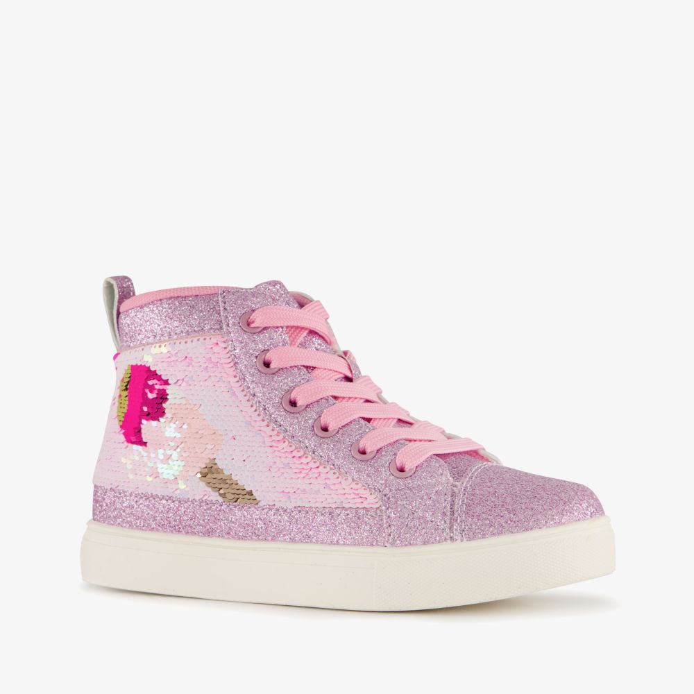 Blue Box hoge meisjes sneakers met glitters en pailletten roze