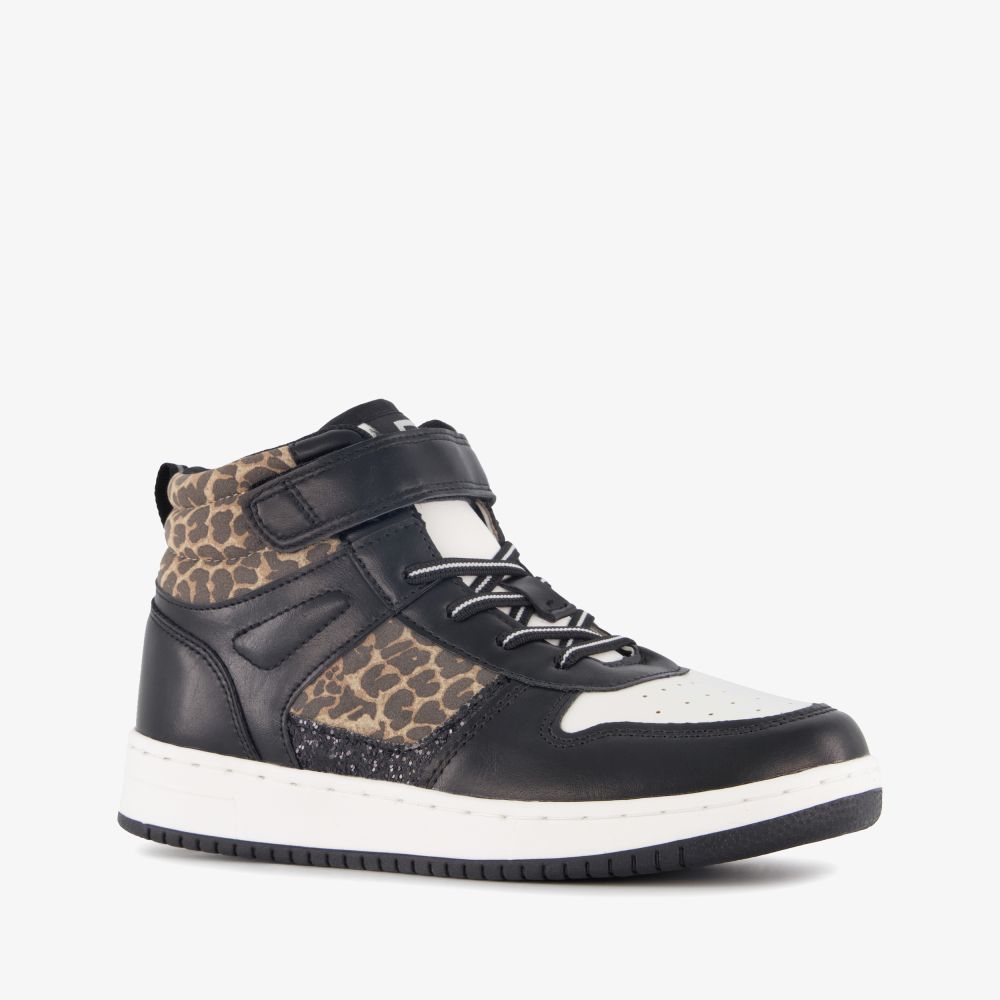 Blue Box hoge meisjes sneakers met panterprint details zwart