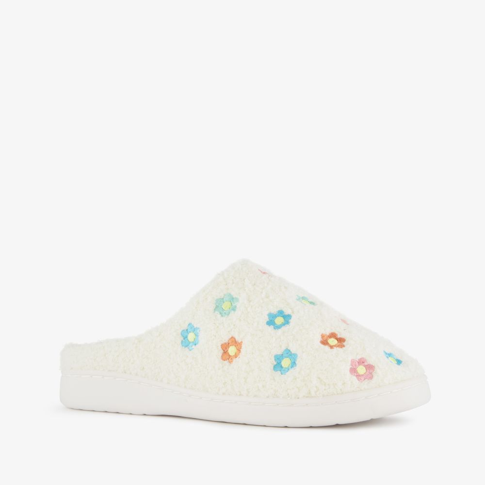 Thu!s dames teddy instap pantoffels met bloemen beige