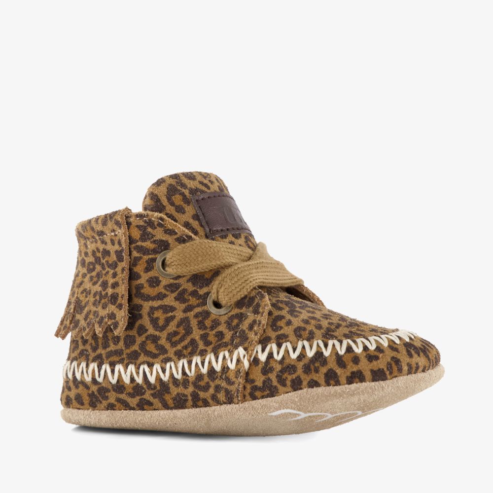 Groot leren babyschoenen met panterprint bruin