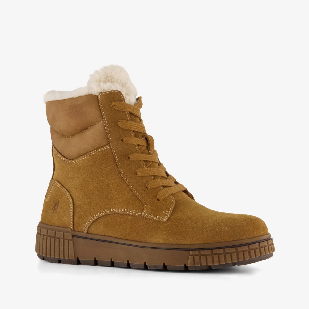 Hush Puppies gevoerde suède dames veterboots cognac